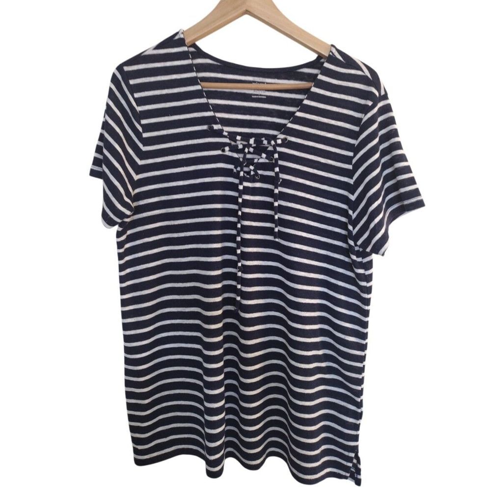 Old Navy Blouse Women XL Navy White Striped Relaxed Fit V Neck Linen Blend